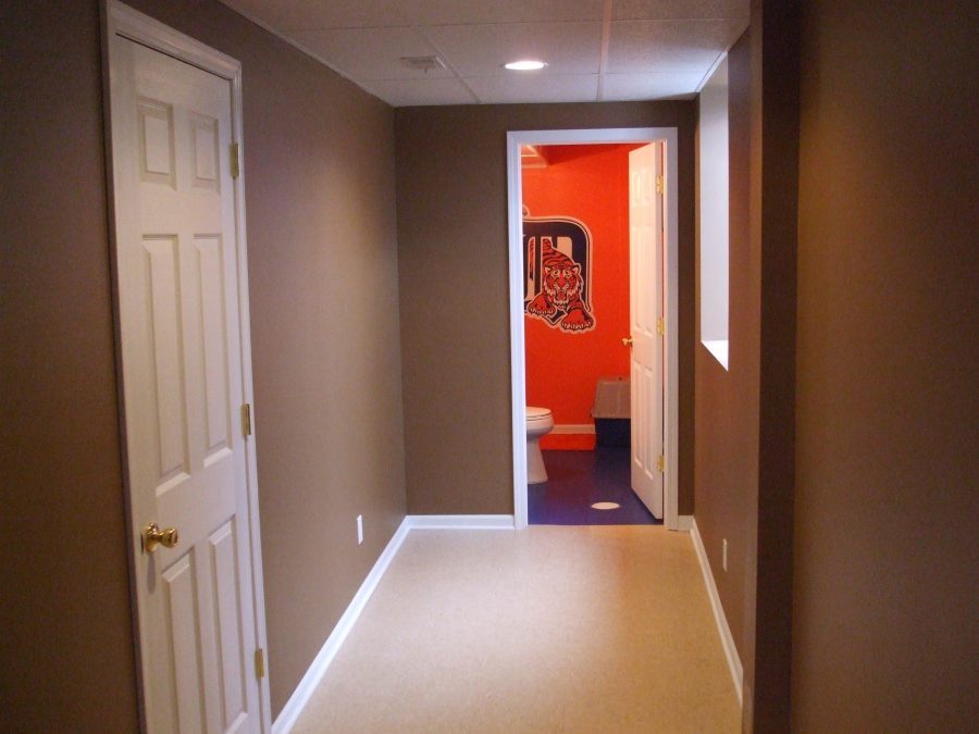 A finished basement remodel with a new bathroom