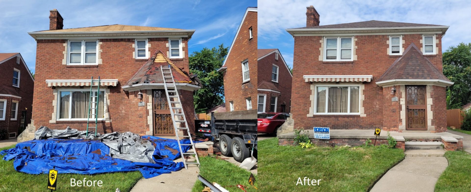 Before and after of a new shingled roof on a Detroit home