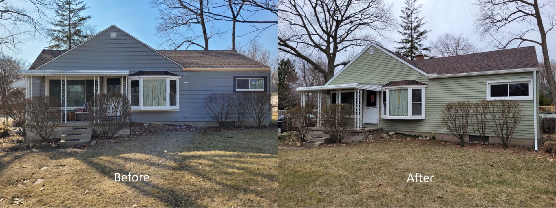Before and after of a new shingled roof, vinyl siding and aluminum trim