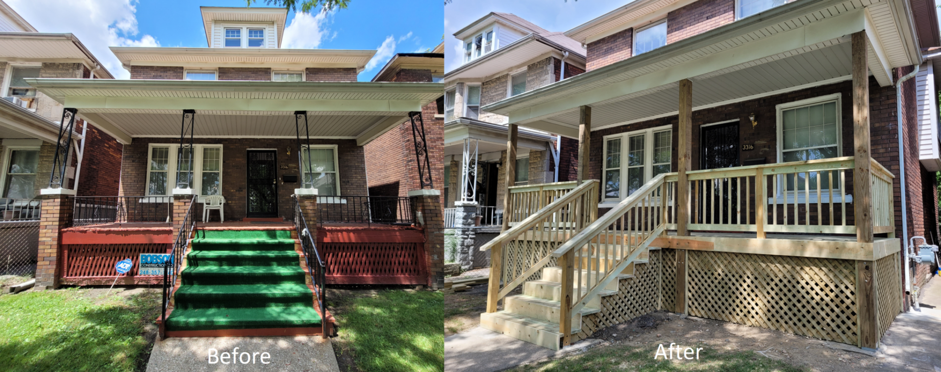 Before and after of a new front porch on a Detroit home