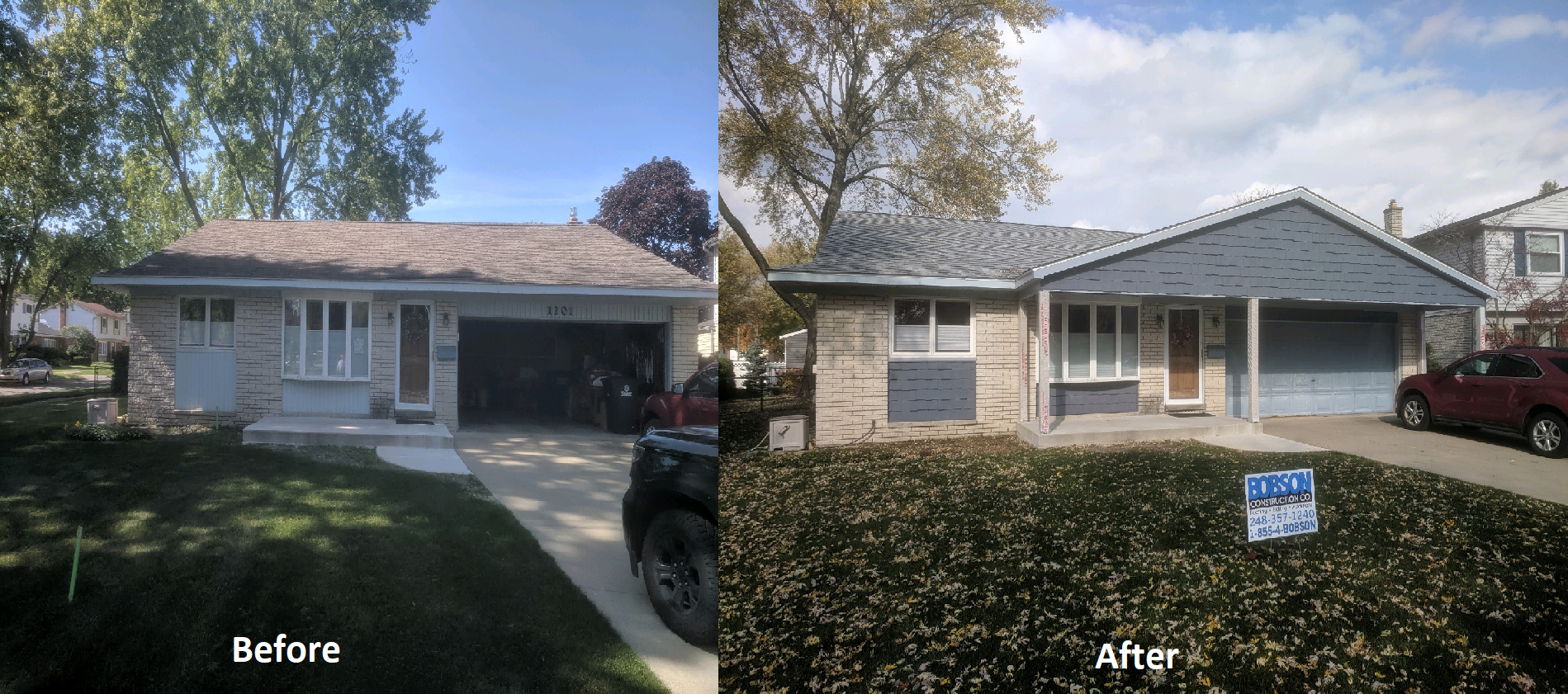 Before and after of a new gable roof over a front porch and garage